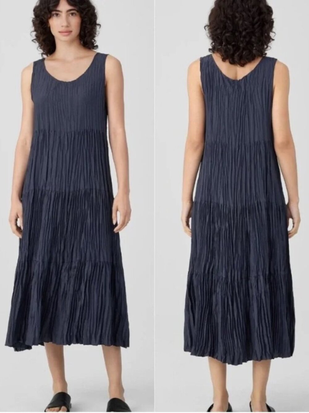 Eileen Fisher Crushed Silk Sleeveless Tiered Midi Dress